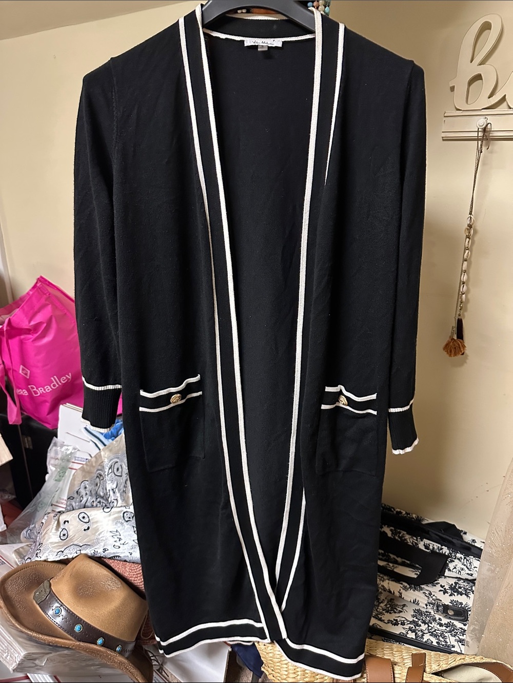 Black Long Open-Front Robe Cardigan with White Trim